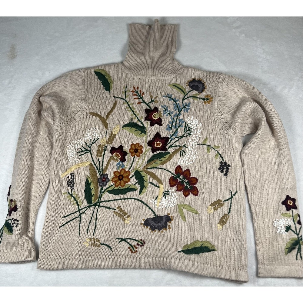 All Points Sweater‎ Womens Medium Beige Turtleneck Floral Embroidered Cotton